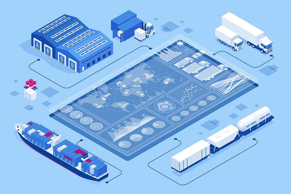 Isometric Global logistics network concept. Interactive panel for tracking cargo online. Maritime, air shipping transport logistic, warehouse storage concept, export or import.