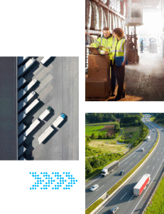 Images of freight brokerage services, including a birds eye view of shipping trucks and a team in a warehouse