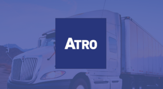 Tractor trailer in the background with a transparent blue overlay, and ATRO Engineered Systems' logo